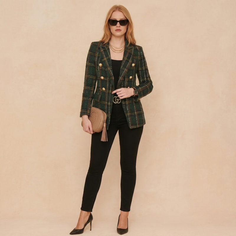 Dame Blazer Af Ternet Tweed - Dobbeltradet Blazer Med Ternmønster
