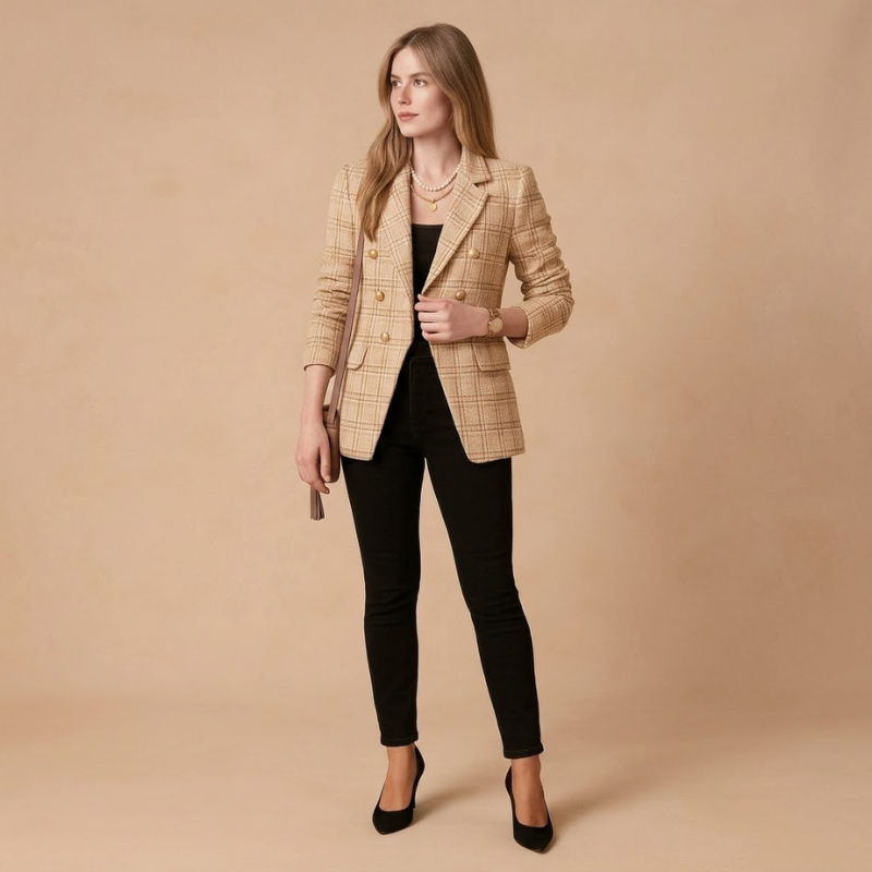 Dame Blazer Af Ternet Tweed - Dobbeltradet Blazer Med Ternmønster