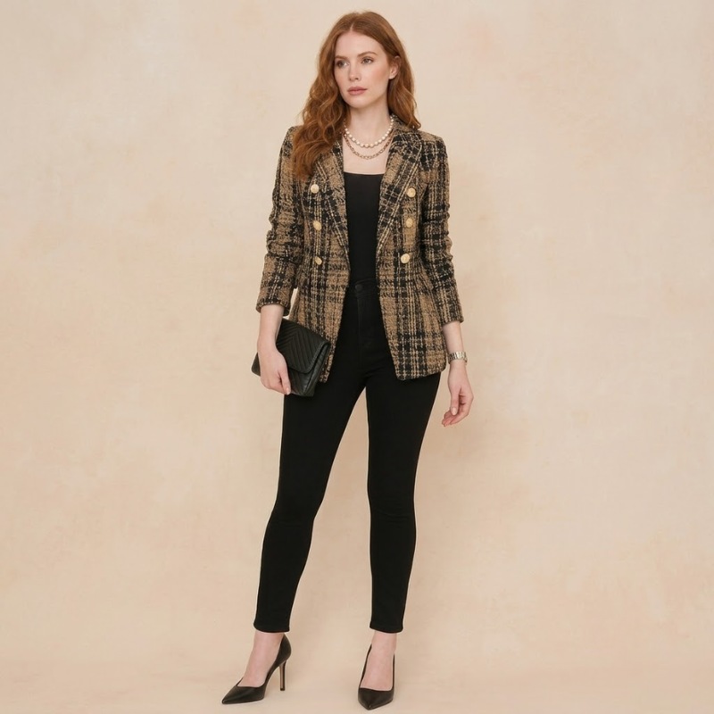 Dame Blazer Af Ternet Tweed - Dobbeltradet Blazer Med Ternmønster