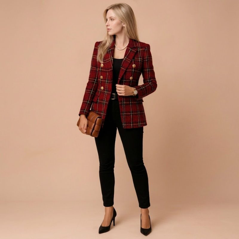 Dame Blazer Af Ternet Tweed - Dobbeltradet Blazer Med Ternmønster