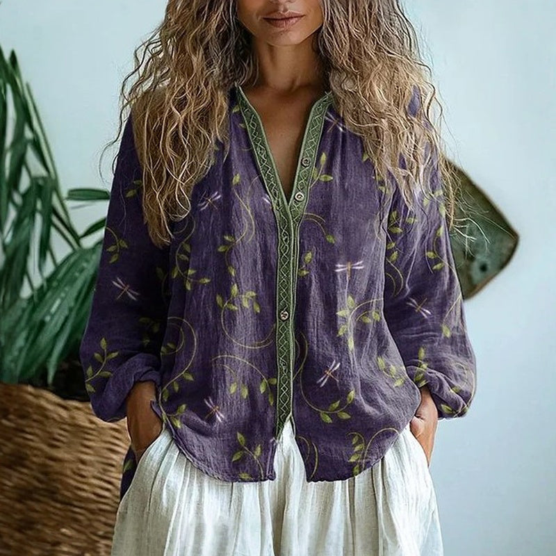 Dame Bluse Med Blomsterprint - Top Med V-Hals, Lange Ærmer Og Knaplukning