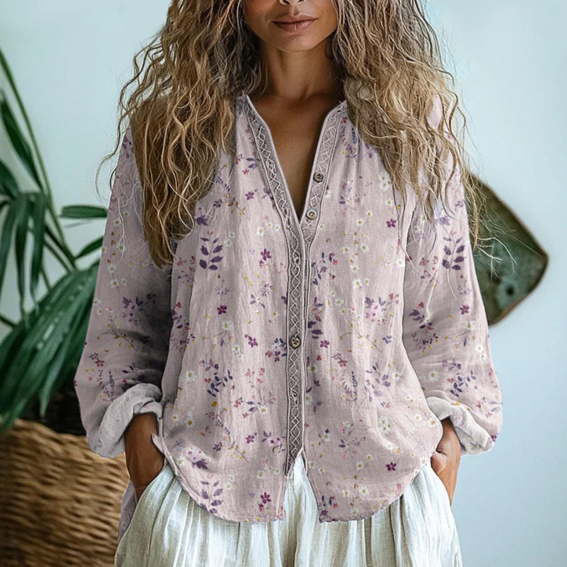 Dame Bluse Med Blomsterprint - Top Med V-Hals, Lange Ærmer Og Knaplukning