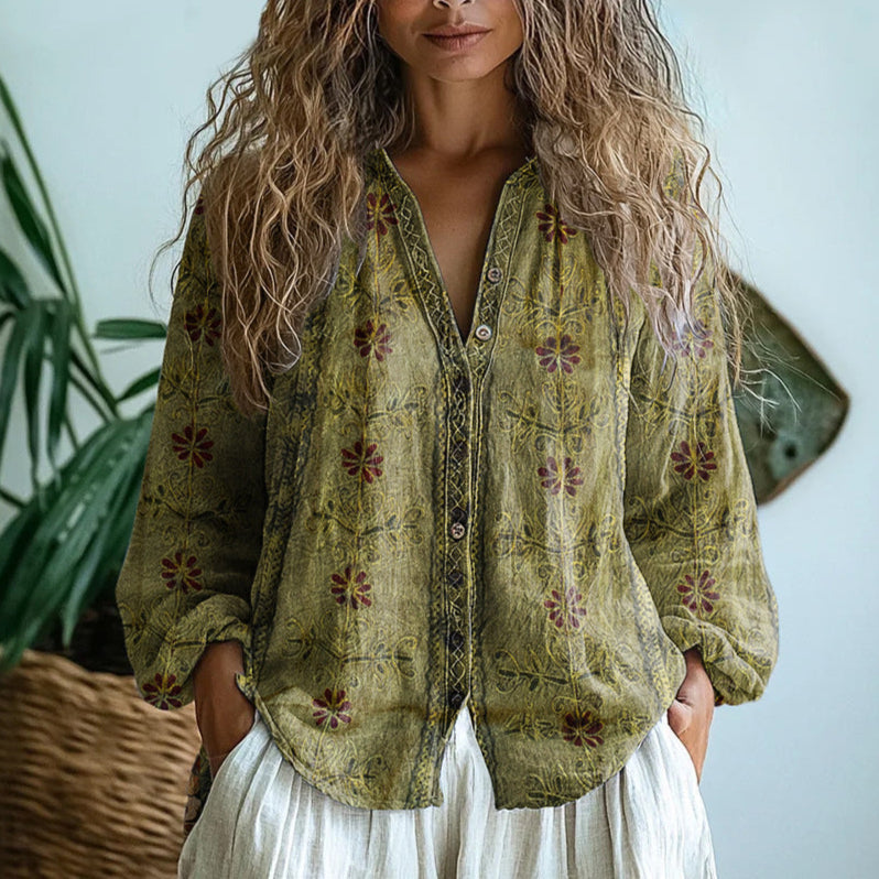 Dame Bluse Med Blomsterprint - Top Med V-Hals, Lange Ærmer Og Knaplukning