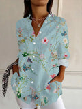 Dame Bluse med Præget Blomstermønster – V-Hals, Knaplukning & Lange Ærmer