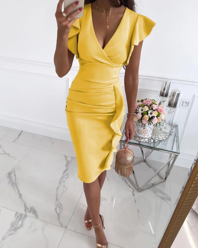 Dame Bodycon Midi Kjole Med Flæser På Ærmerne - V Hals