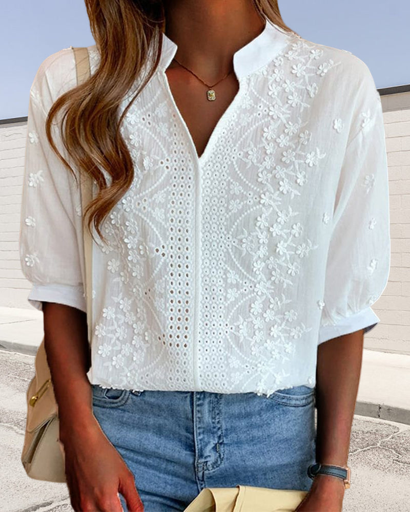 Dame Broderet Eyelet Bluse - V-Hals Pufærme Blomster Blonde Top
