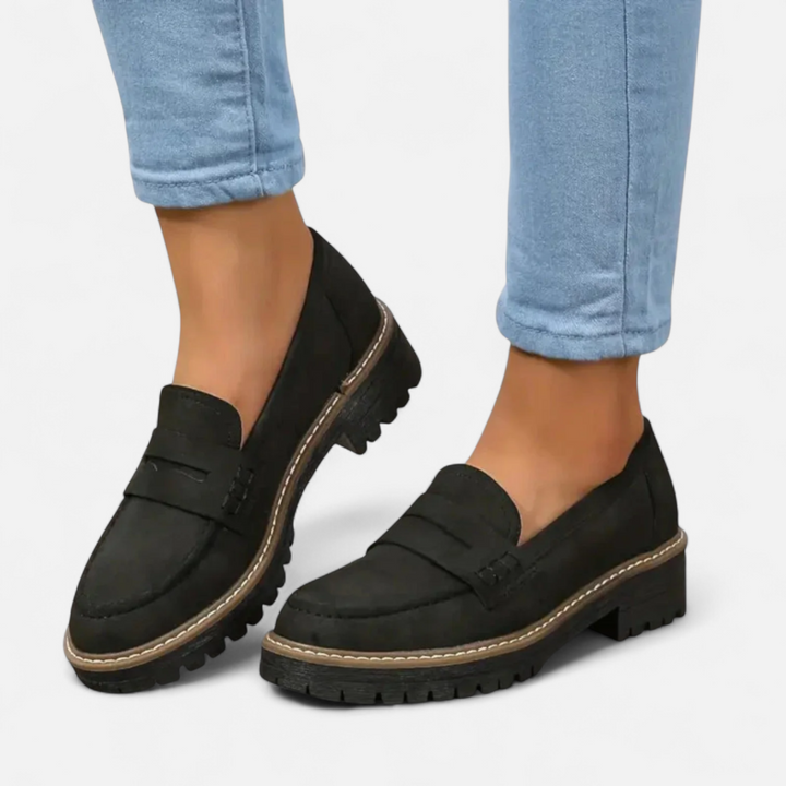 Dame Chunky Penny Loafers - Ruskind Slip-On med Kraftig Sål