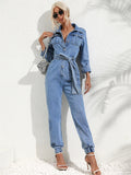 Dame Denim Jumpsuit med Bælte – Langærmet Boilersuit med Krave og Knaplukning