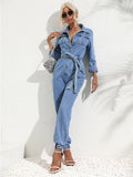 Dame Denim Jumpsuit med Bælte – Langærmet Boilersuit med Krave og Knaplukning
