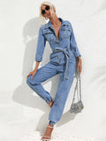 Dame Denim Jumpsuit med Bælte – Langærmet Boilersuit med Krave og Knaplukning