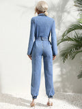 Dame Denim Jumpsuit med Bælte – Langærmet Boilersuit med Krave og Knaplukning