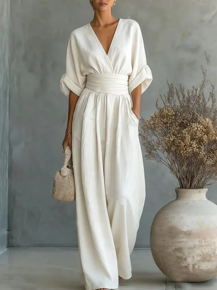 Dame Jumpsuit Med Brede Ben Og Slå-Om Design - V-Hals Og Korte Ærmer