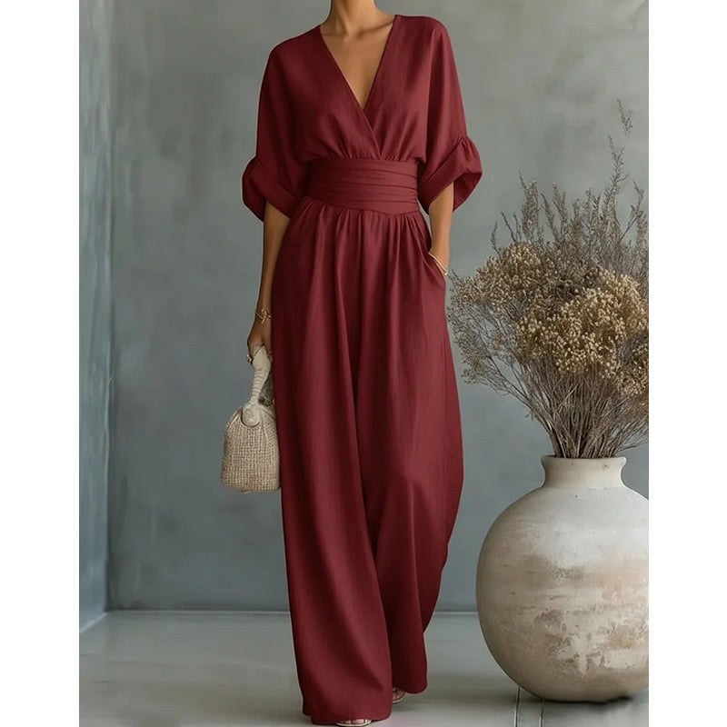 Dame Jumpsuit Med Brede Ben Og Slå-Om Design - V-Hals Og Korte Ærmer