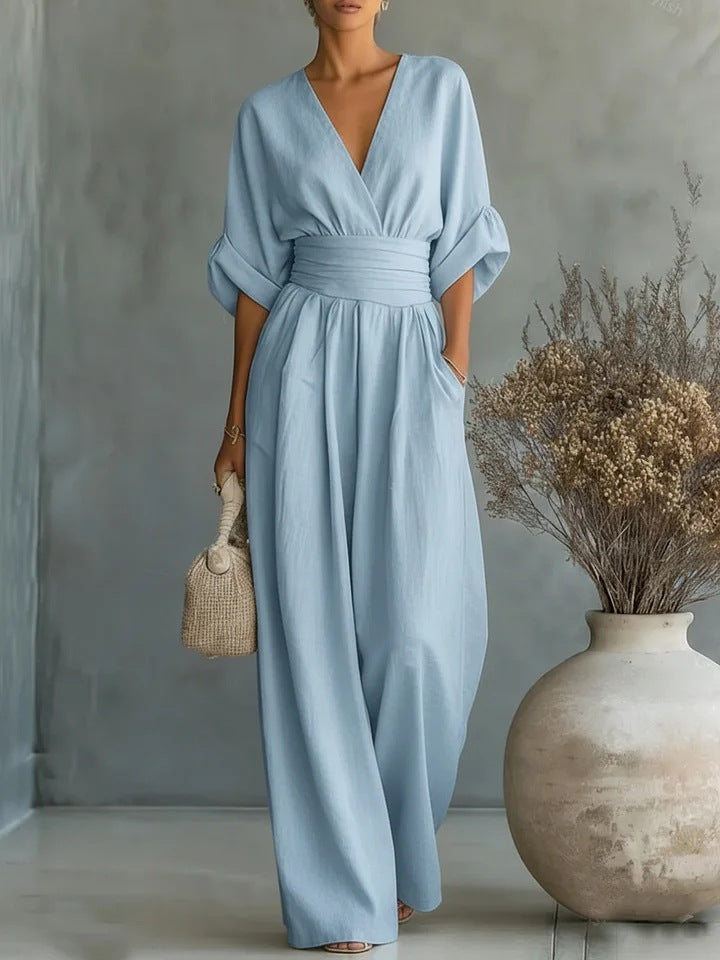 Dame Jumpsuit Med Brede Ben Og Slå-Om Design - V-Hals Og Korte Ærmer