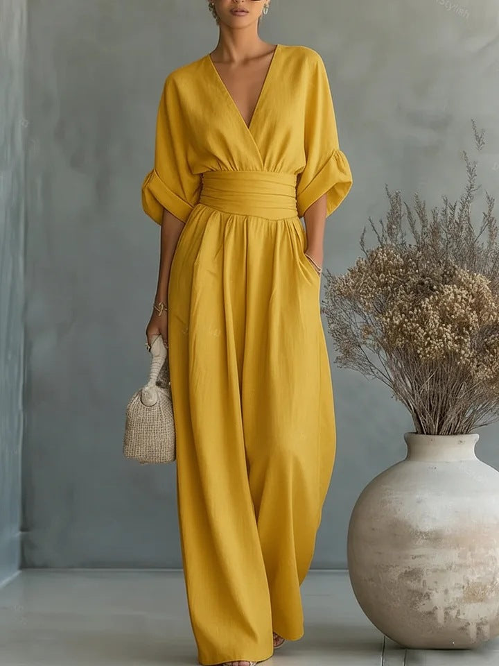 Dame Jumpsuit Med Brede Ben Og Slå-Om Design - V-Hals Og Korte Ærmer