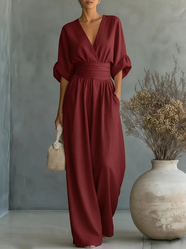 Dame Jumpsuit Med Brede Ben Og Slå-Om Design - V-Hals Og Korte Ærmer