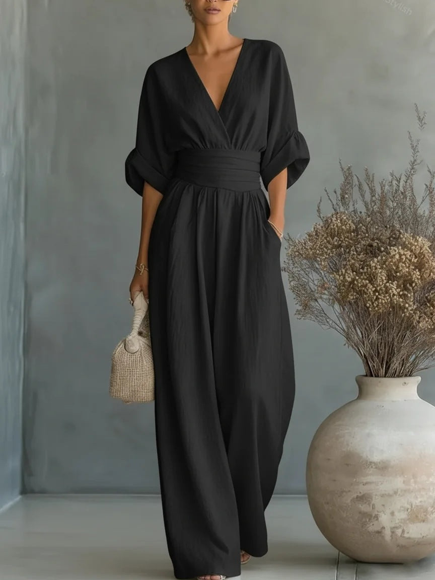 Dame Jumpsuit Med Brede Ben Og Slå-Om Design - V-Hals Og Korte Ærmer