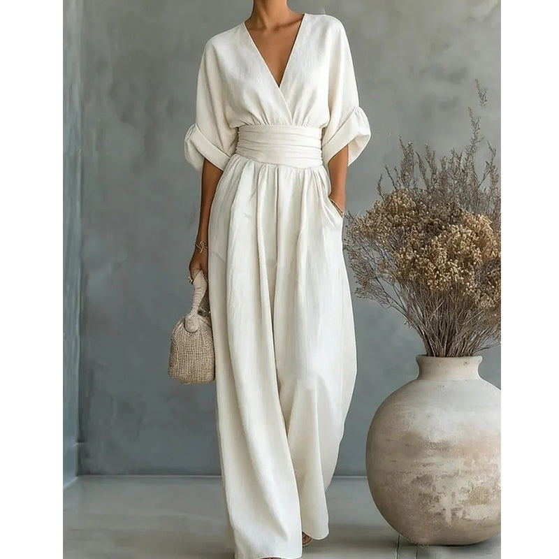 Dame Jumpsuit Med Brede Ben Og Slå-Om Design - V-Hals Og Korte Ærmer