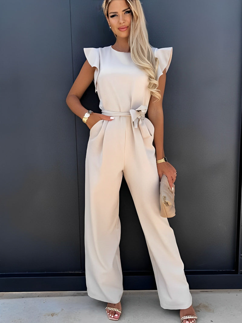 Dame Jumpsuit med Brede Ben – Jumpsuit med Flæseærmer, Rund Udskæring og Bindebælte