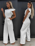 Dame Jumpsuit med Brede Ben – Jumpsuit med Flæseærmer, Rund Udskæring og Bindebælte