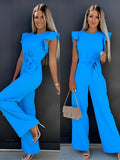 Dame Jumpsuit med Brede Ben – Jumpsuit med Flæseærmer, Rund Udskæring og Bindebælte