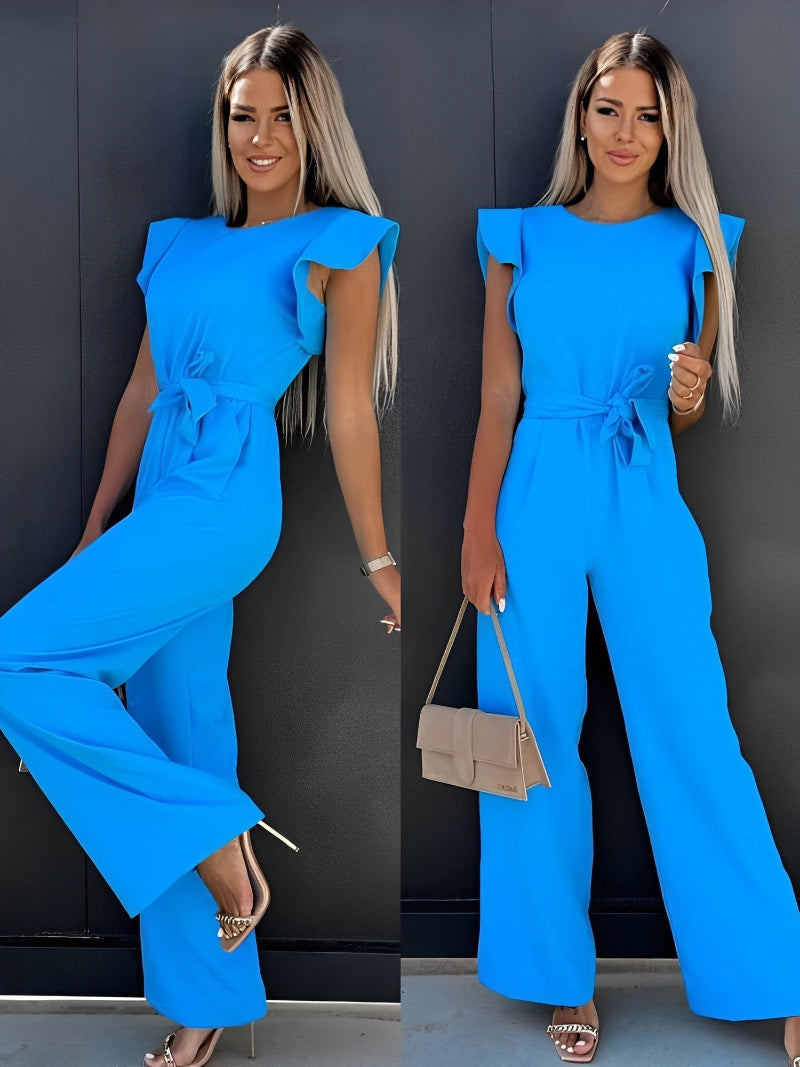 Dame Jumpsuit med Brede Ben – Jumpsuit med Flæseærmer, Rund Udskæring og Bindebælte