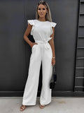 Dame Jumpsuit med Brede Ben – Jumpsuit med Flæseærmer, Rund Udskæring og Bindebælte