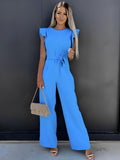 Dame Jumpsuit med Brede Ben – Jumpsuit med Flæseærmer, Rund Udskæring og Bindebælte
