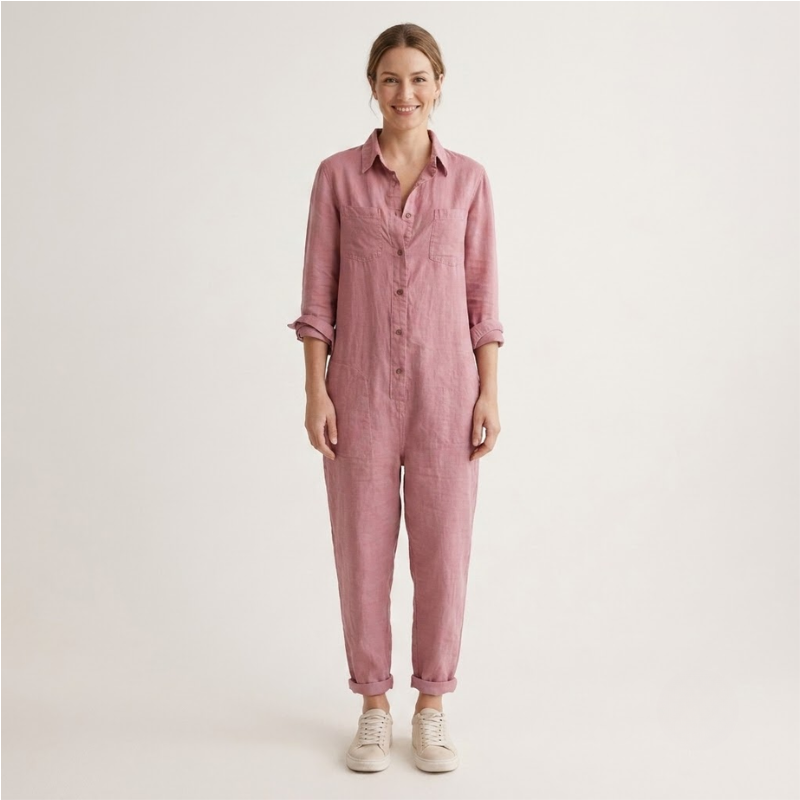 Dame Jumpsuit med Lange Ærmer - Knaplukning Foran