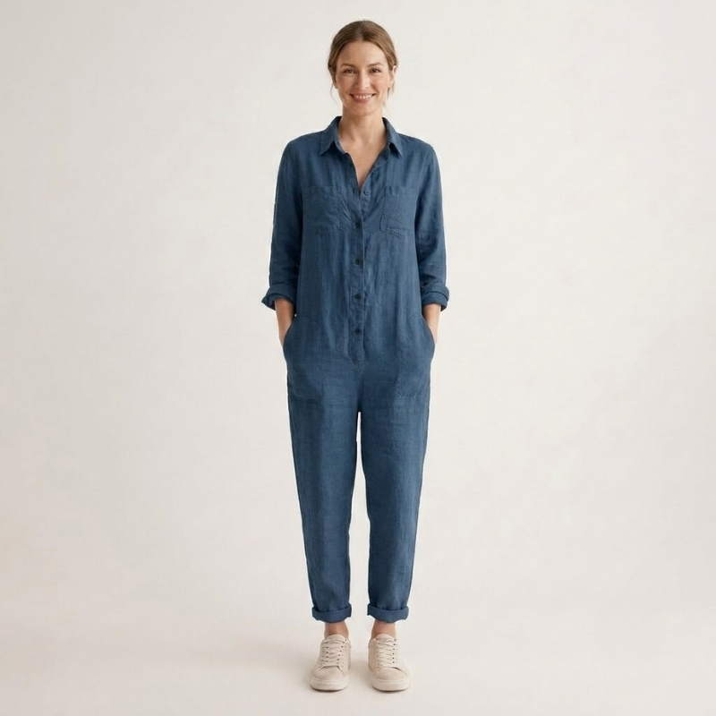 Dame Jumpsuit med Lange Ærmer - Knaplukning Foran