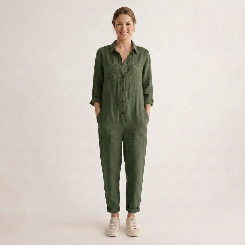 Dame Jumpsuit med Lange Ærmer - Knaplukning Foran