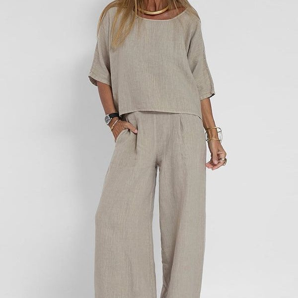 Dame Lounge Sæt i To Dele – Oversized Top & Bukser med Brede Ben