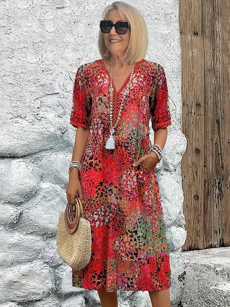 Dame Mønstrede Midikjole - V-Udskæring Trekvartærmet Boho Pull-On