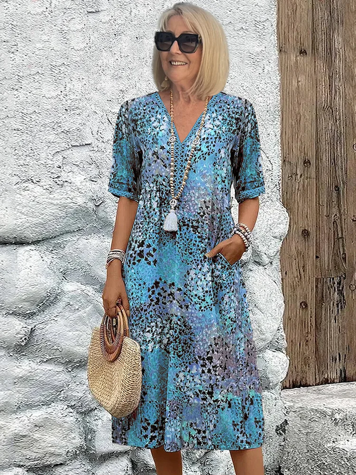 Dame Mønstrede Midikjole - V-Udskæring Trekvartærmet Boho Pull-On