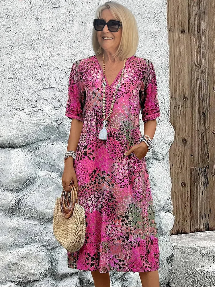Dame Mønstrede Midikjole - V-Udskæring Trekvartærmet Boho Pull-On