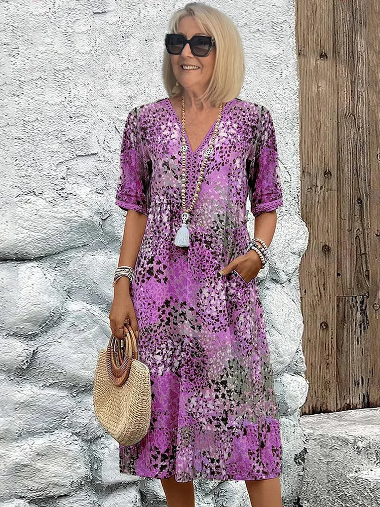 Dame Mønstrede Midikjole - V-Udskæring Trekvartærmet Boho Pull-On