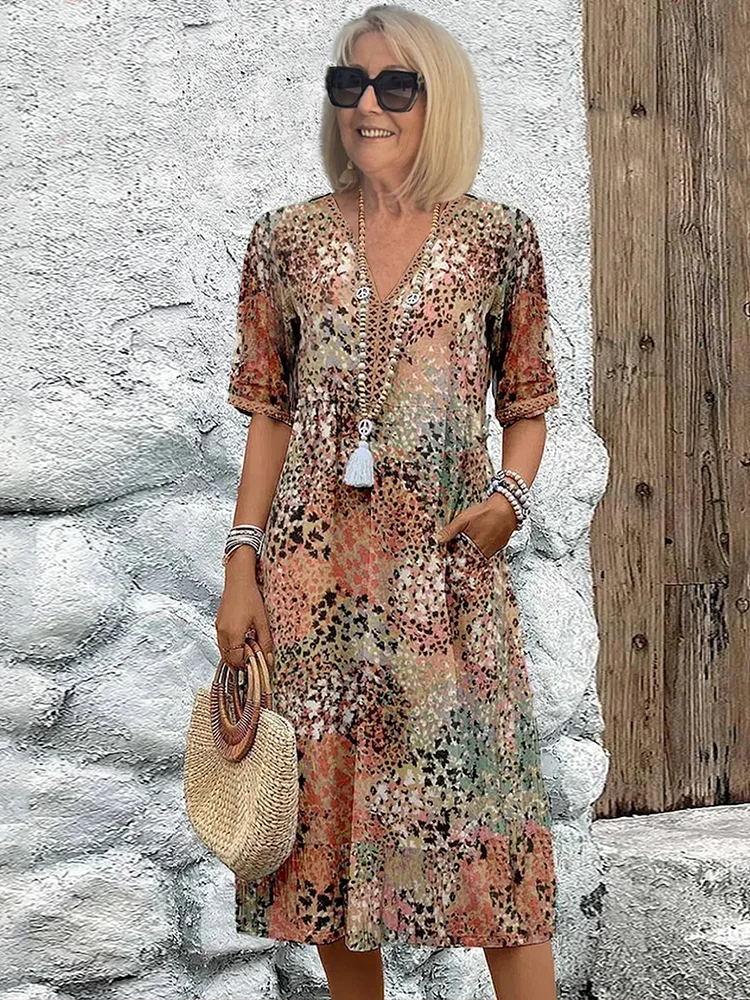 Dame Mønstrede Midikjole - V-Udskæring Trekvartærmet Boho Pull-On