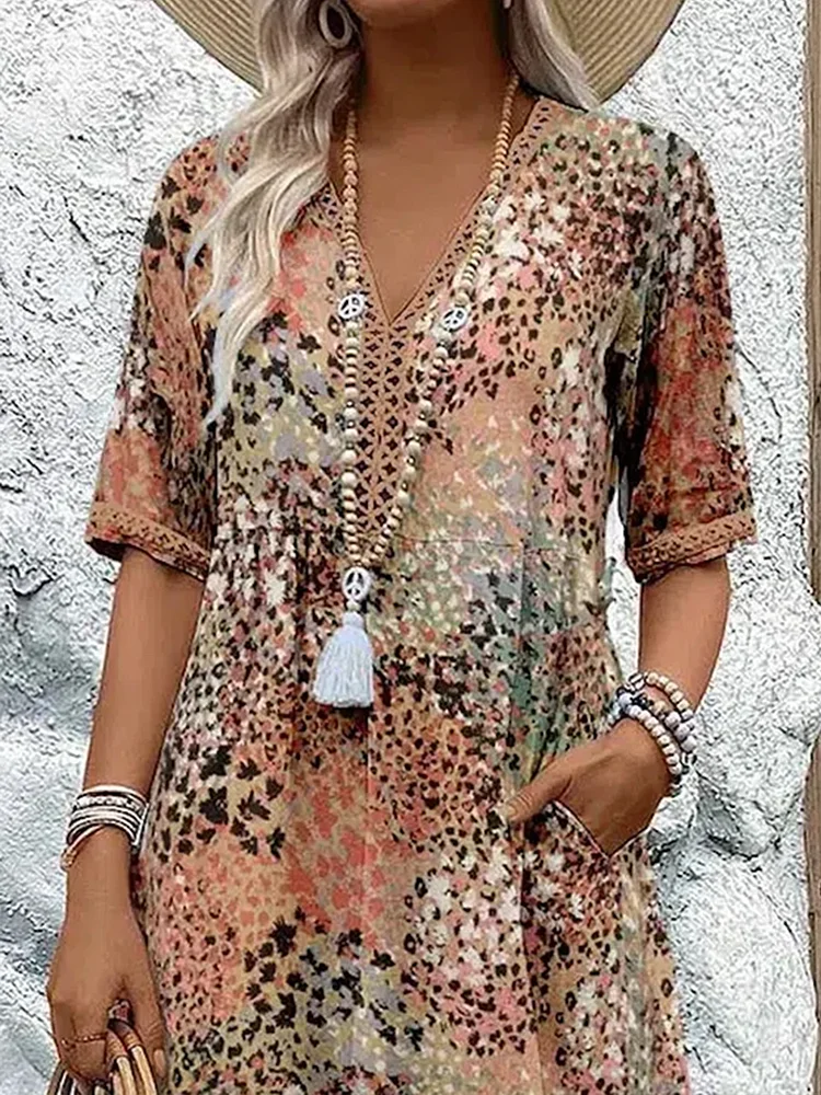 Dame Mønstrede Midikjole - V-Udskæring Trekvartærmet Boho Pull-On