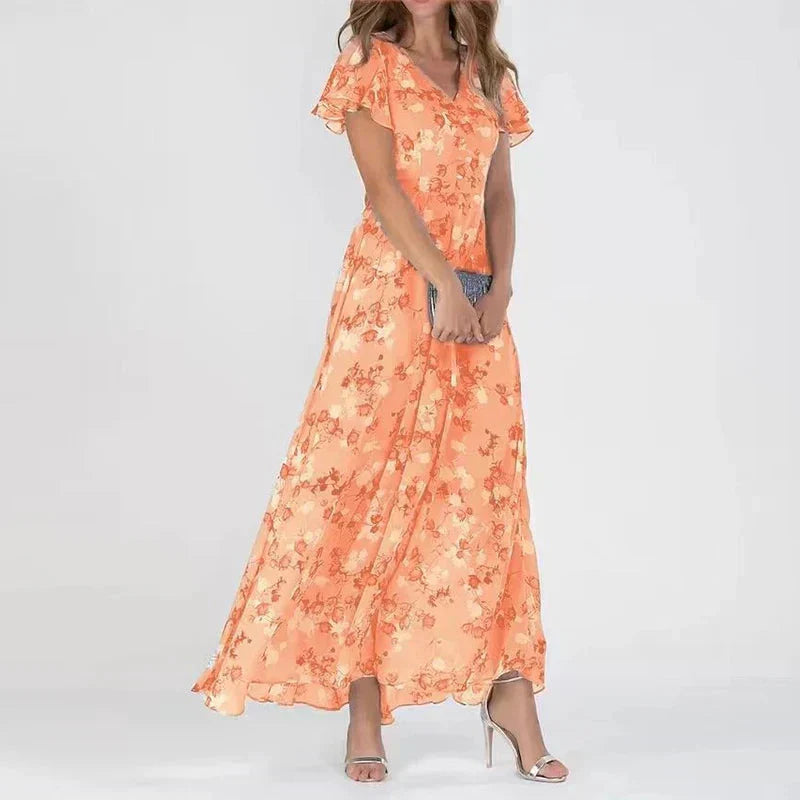 Dame Maxi Kjole i Blomstret Chiffon – A-Linje med V-Hals og Flæseærmer