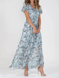 Dame Maxi Kjole i Blomstret Chiffon – A-Linje med V-Hals og Flæseærmer
