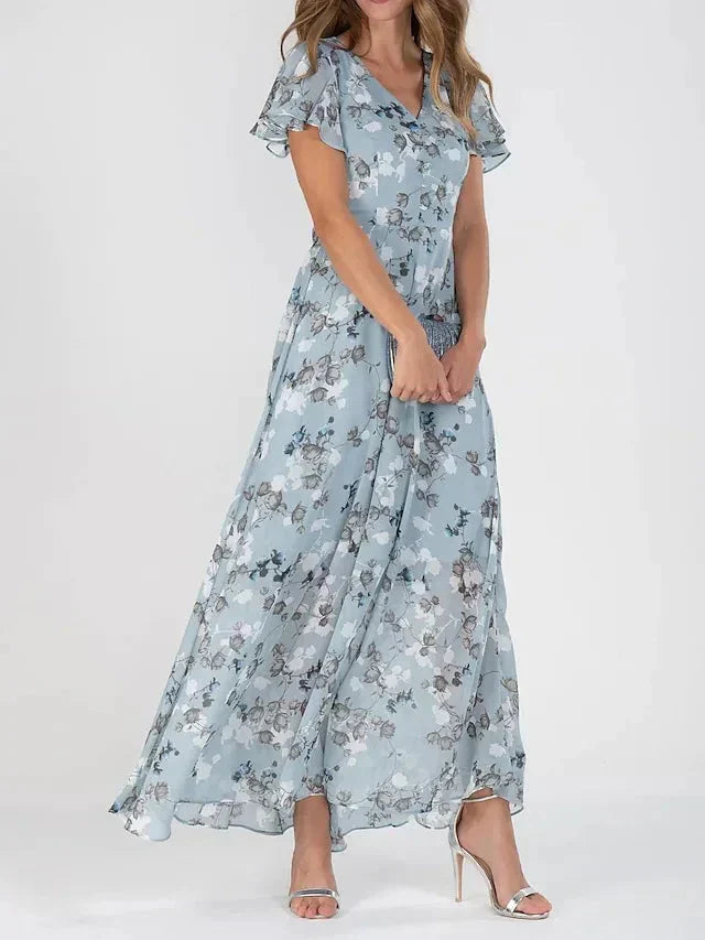 Dame Maxi Kjole i Blomstret Chiffon – A-Linje med V-Hals og Flæseærmer
