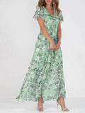 Dame Maxi Kjole i Blomstret Chiffon – A-Linje med V-Hals og Flæseærmer