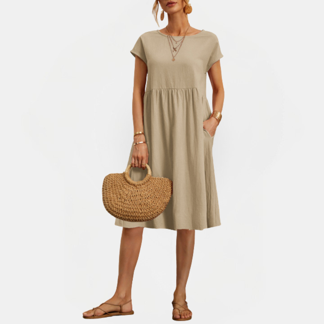 Dame Midi Kjole Med Korte Flæseærmer - Rund Hals I Babydoll-Stil
