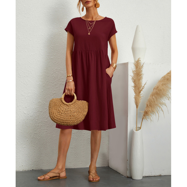Dame Midi Kjole Med Korte Flæseærmer - Rund Hals I Babydoll-Stil

