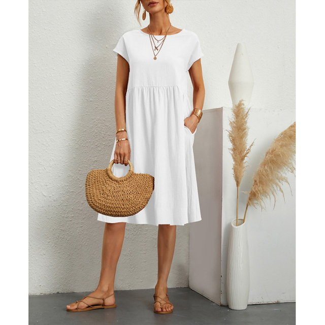 Dame Midi Kjole Med Korte Flæseærmer - Rund Hals I Babydoll-Stil
