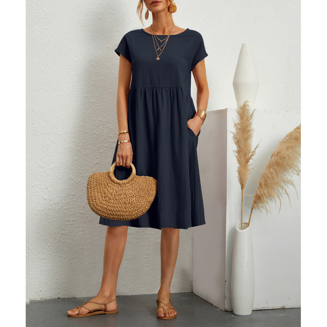 Dame Midi Kjole Med Korte Flæseærmer - Rund Hals I Babydoll-Stil
