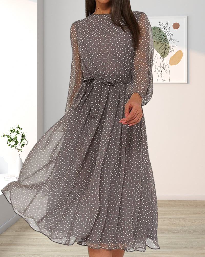 Dame Midikjole I Chiffon med Prikker - Rund Hals og Lange Ærmer