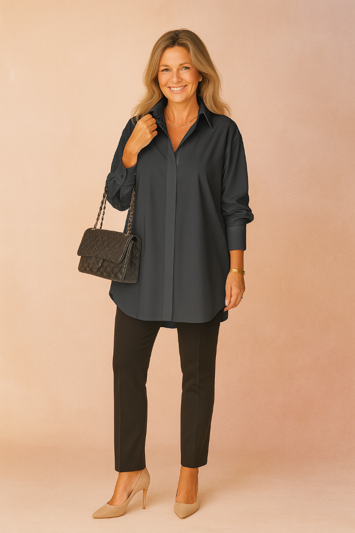 Dame Oversized Button-Down Skjorte - Langærmet Skjortebluse med Krave