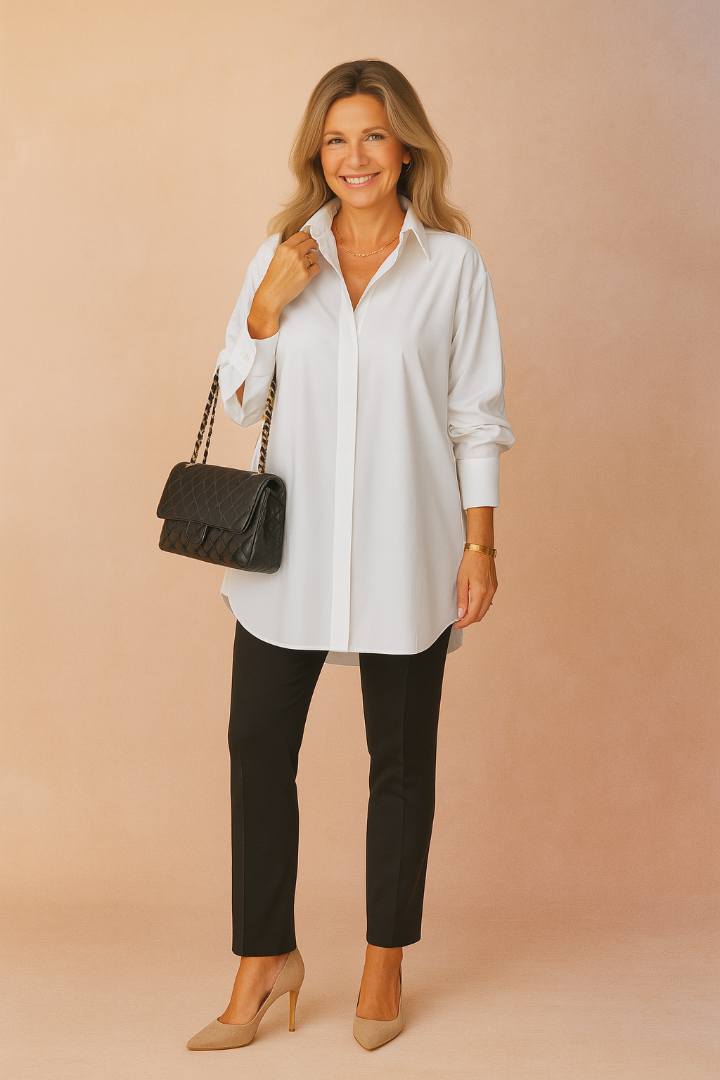 Dame Oversized Button-Down Skjorte - Langærmet Skjortebluse med Krave