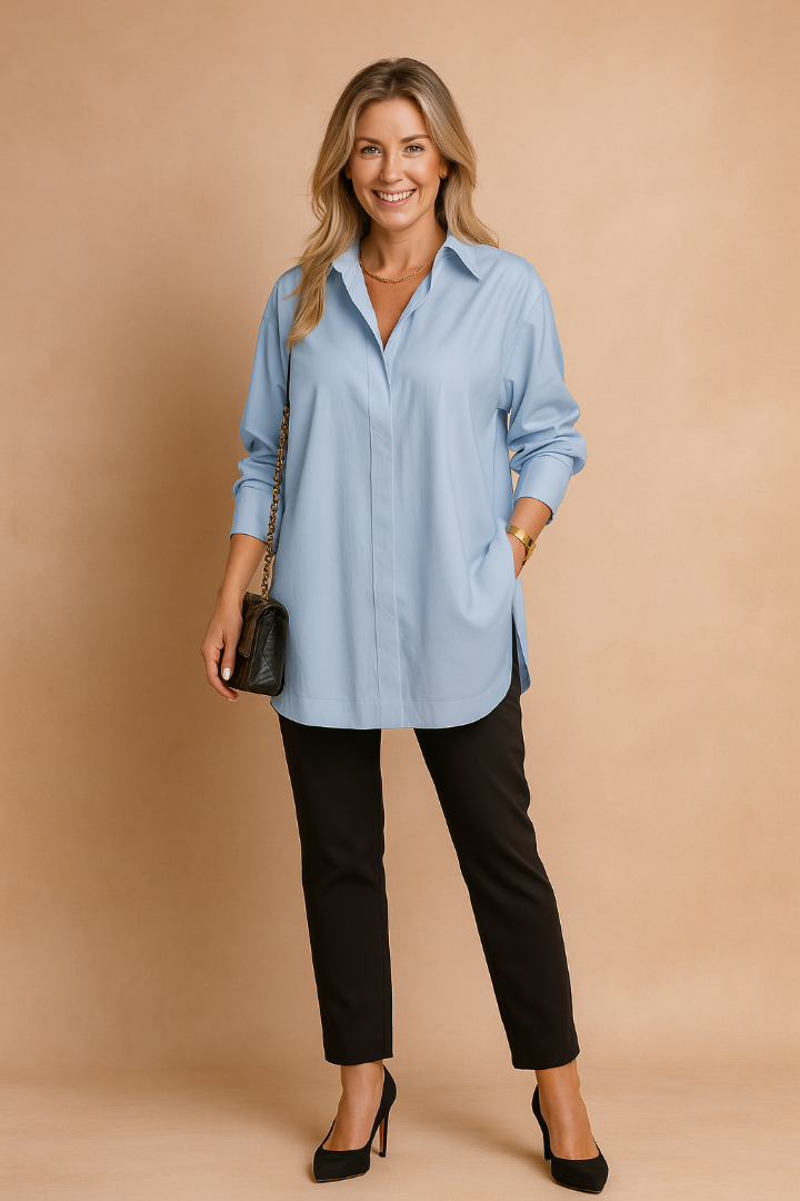 Dame Oversized Button-Down Skjorte - Langærmet Skjortebluse med Krave